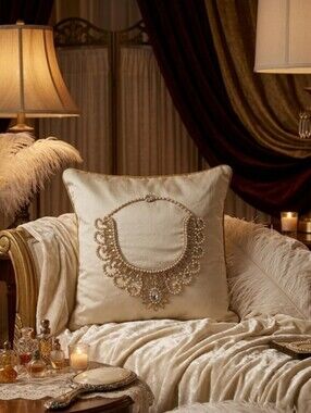 Luxury Hand-Beaded Cream Pillow 16x16 – Pearl Amber Crystal Feather Throw Pillow